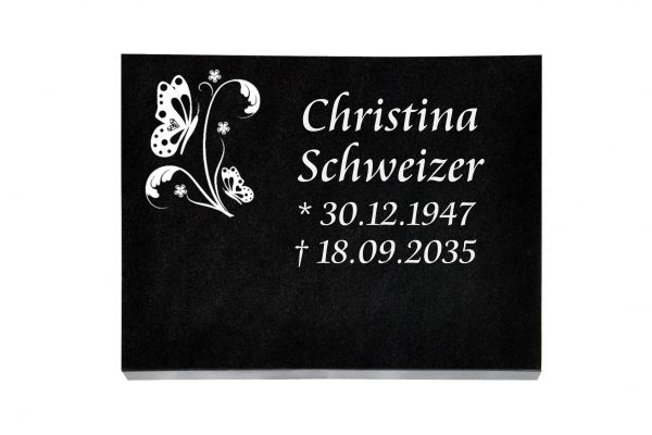 Liegeplatte, Black Granit rechteckig 40cm x 30cm x 3cm, inkl. Schmetterling auf Blättern