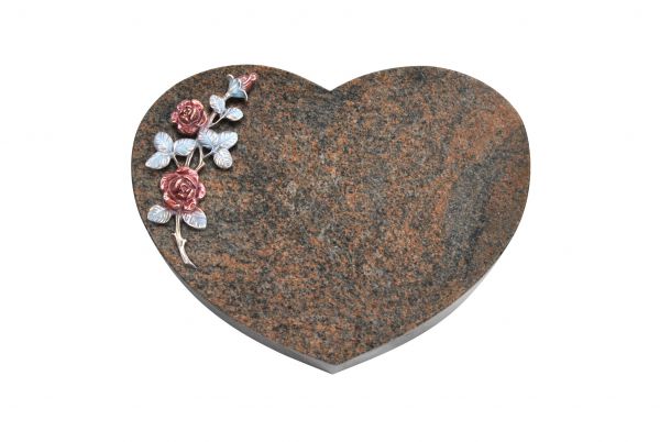 Liegestein Herzform, Multicolor Granit, 40cm x 30cm x 8cm, inkl. farbiger Rose