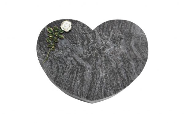 Liegestein Herz, Orion Granit, 50cm x 40cm x 10cm, inkl. weisser Bronzerose