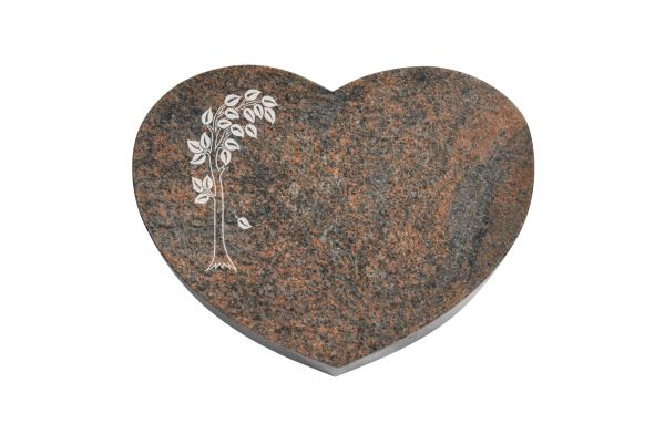 Liegestein Herz, Multicolor Granit, 50cm x 40cm x 10cm, inkl. Baum mit Blättern