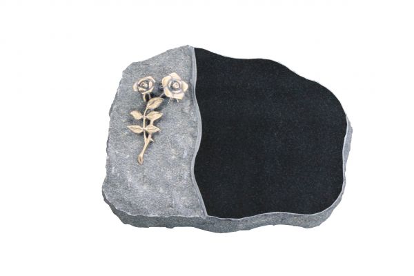 Liegestein Haydn, Black Granit, 40cm x 30cm x 8cm, inkl. Bronzerose mit 2 Blüten