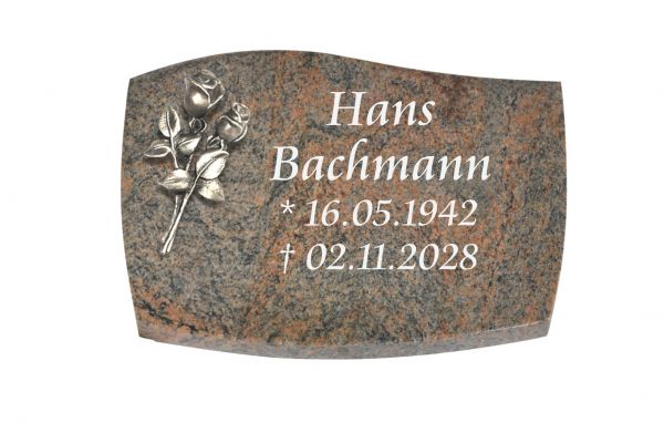 Liegeplatte, Multicolor Granit mit Fasen 30cm x 20cm x 4cm, inkl. Bronzerose