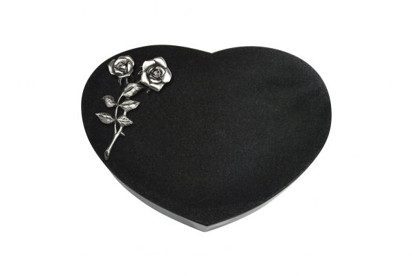 Liegestein Herzform, Black Granit, 40cm x 30cm x 8cm, inkl. Alurose mit 2 Blüten