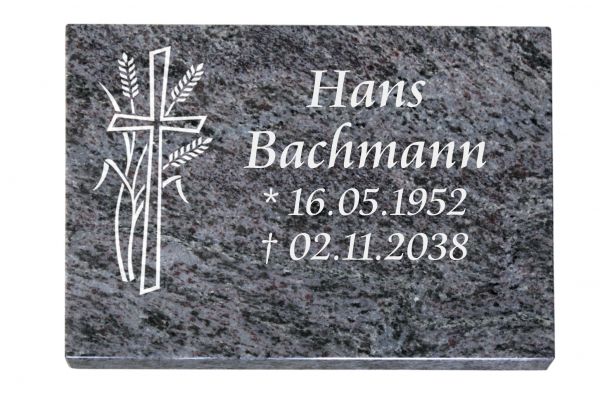 Liegeplatte, Orion Granit rechteckig 40cm x 30cm x 3cm, inkl. Kreuz mit Ähren