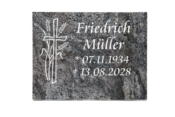 Liegeplatte, Paradiso Granit rechteckig 40cm x 30cm x 3cm, inkl. Kreuz und Ähren