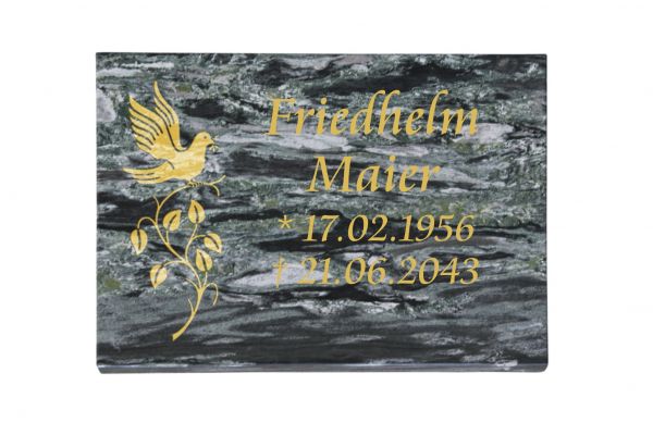 Liegeplatte, Wave Green Granit 40cm x 30cm x 3cm, inkl. Vogel auf Ast