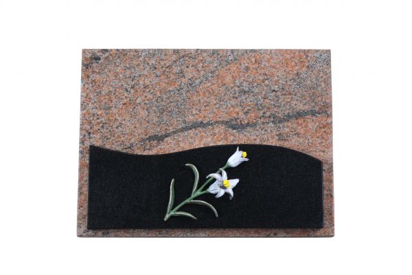 Liegestein, Indien Black und Multicolor Granit 40cm x 30cm x 3cm, inkl Blume