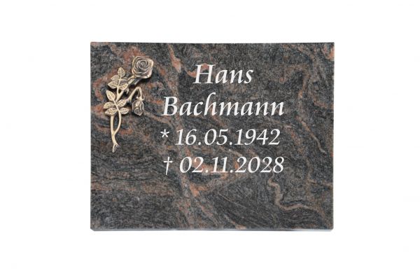 Liegeplatte, Himalaya Granit rechteckig 40cm x 30cm x 3cm, inkl. Bronze Knickrose