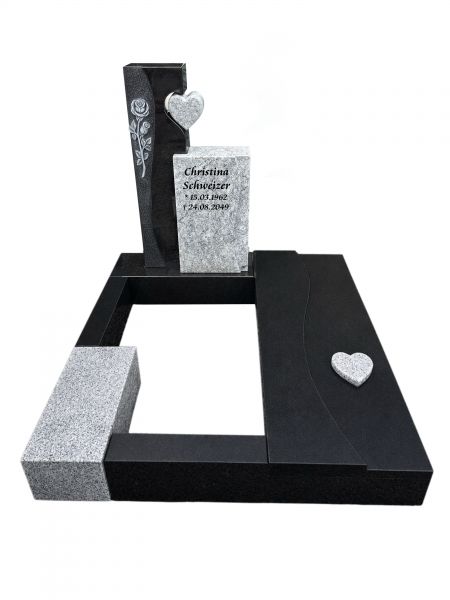 Urnengrabanlage mit Herz und Rosen Ornament, Black & Viscount White Granit