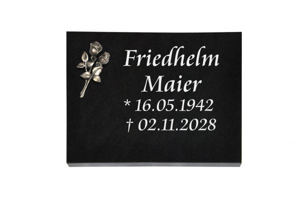 Liegeplatte, Black Granit rechteckig 40cm x 30cm x 3cm, inkl. kleiner Rose aus Bronze