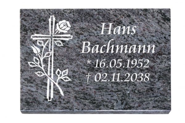 Liegeplatte, Orion Granit rechteckig 40cm x 30cm x 3cm, inkl. Rose und Kreuz