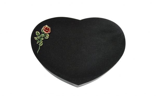 Liegestein Herzform, Black Granit, 40cm x 30cm x 8cm, inkl. roter Rose