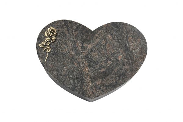 Liegestein Herz, Himalaya Granit, 40cm x 30cm x 8cm, inkl. Bronzerose mit einer Blüte