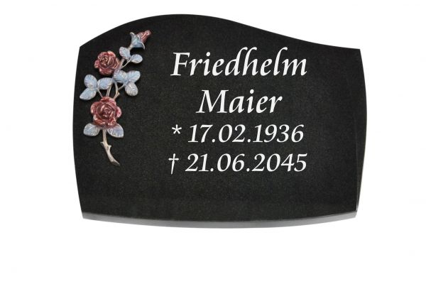 Liegeplatte, Black Granit mit Fasen 40cm x 30cm x 3cm, inkl. farbiger Bronzerose