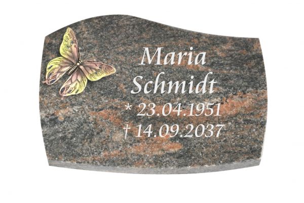 Liegeplatte, Himalaya Granit mit Fasen 30cm x 20cm x 4cm, inkl. Bronzeschmetterling farbig