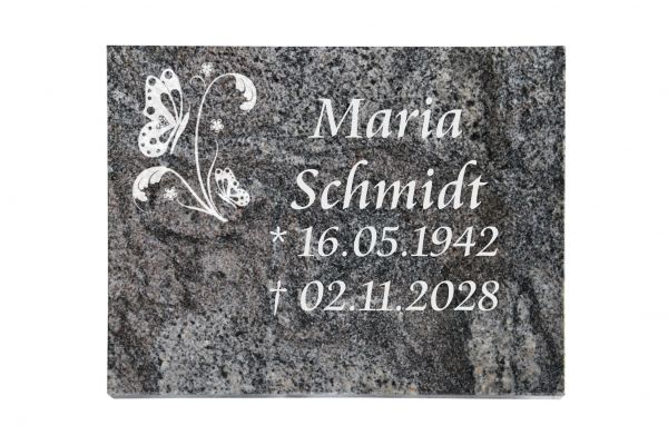 Liegeplatte, Paradiso Granit rechteckig 40cm x 30cm x 3cm, inkl. Schmetterling auf Blatt