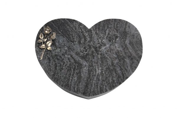 Liegestein Herz, Orion Granit, 40cm x 30cm x 8cm, inkl. kleiner Bronzerose