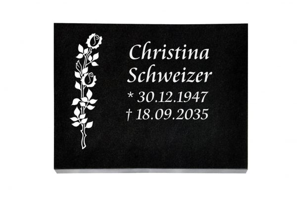 Liegeplatte, Black Granit rechteckig 40cm x 30cm x 3cm, inkl. schmaler Rose vertieft gestrahlt