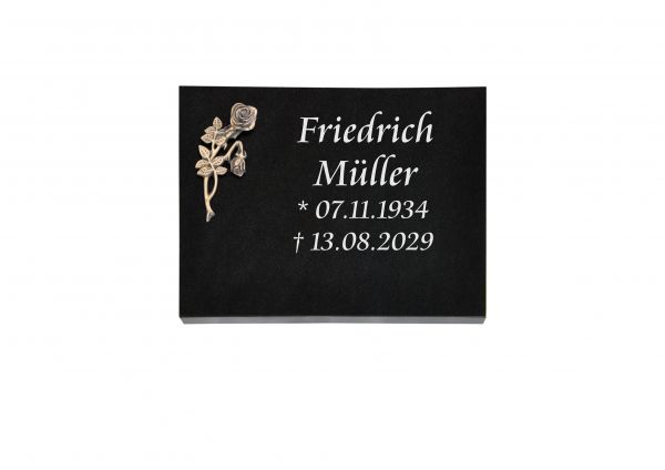 Liegeplatte, Black Granit rechteckig 40cm x 30cm x 3cm, inkl. Knick Bronzerose