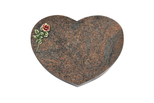 Liegestein Herzform, Multicolor Granit, 40cm x 30cm x 8cm, inkl. roter Rose