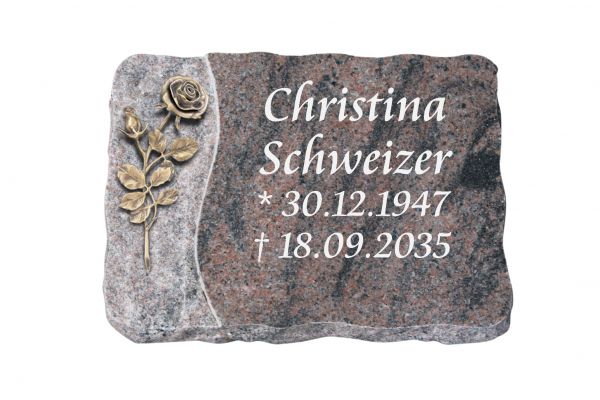 Liegeplatte, Indora Granit 40cm x 30cm x 4cm, inkl. Rose mit Blüte und Knospe