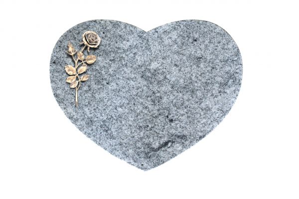 Liegestein Herz, Viscount White Granit, 50cm x 40cm x 10cm, inkl. Rose aus Bronze
