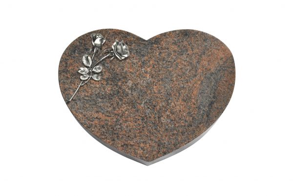 Liegestein Herz, Multicolor Granit, 50cm x 40cm x 10cm, inkl. Alurose mit 2 Blüten
