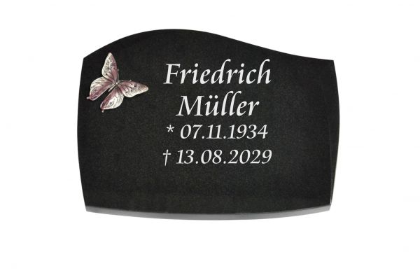 Liegeplatte, Black Granit mit Fasen 40cm x 30cm x 3cm, inkl. Schmetterling aus Alu