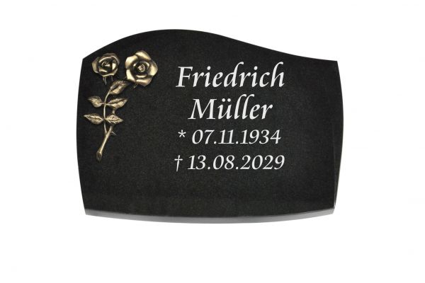 Liegeplatte, Black Granit mit Fasen 40cm x 30cm x 3cm, inkl. Bronzerose mit 2 Blüten