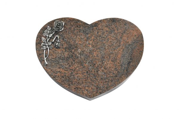 Liegestein Herzform, Multicolor Granit, 40cm x 30cm x 8cm, inkl. Alu Knickrose