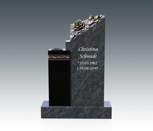 Urnengrabstein mit handgearbeiteter Rosen & Verzierung, Orion & Black Graut Granit 80cm x 50cm x 14