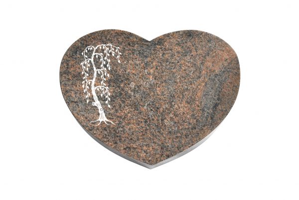 Liegestein Herzform, Multicolor Granit, 40cm x 30cm x 8cm, inkl. Trauerweide