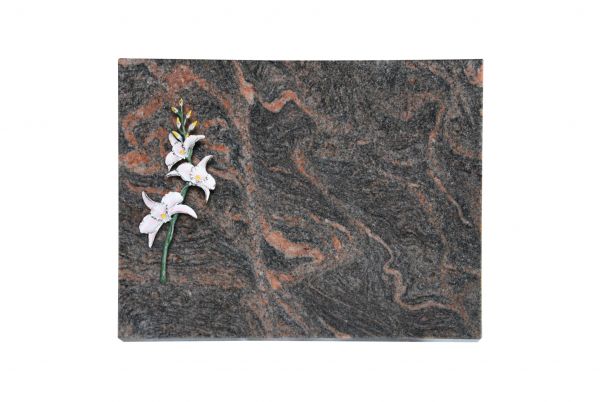 Liegeplatte, Himalaya Granit rechteckig 40cm x 30cm x 3cm, inkl. farbiger Blume aus Bronze