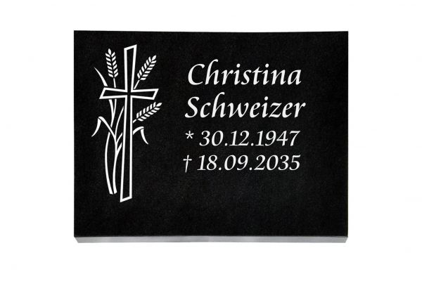Liegeplatte, Black Granit rechteckig 40cm x 30cm x 3cm, inkl. Kreuz mit Ähren