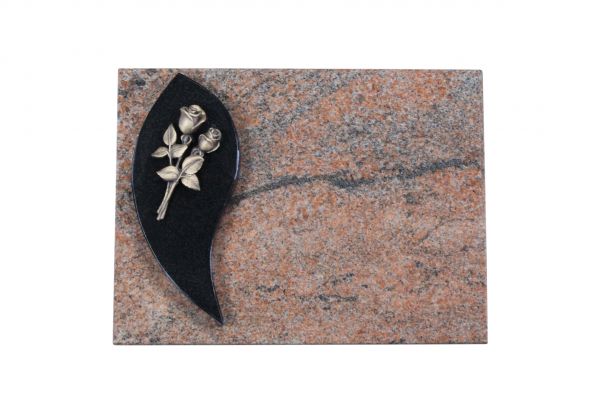 Liegestein, Indien Black und Multicolor Granit 40cm x 30cm x 3cm, inkl. kleiner Bronzerose