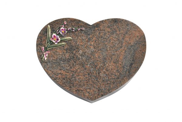 Liegestein Herz, Multicolor Granit, 50cm x 40cm x 10cm, inkl. Orchidee aus Bronze