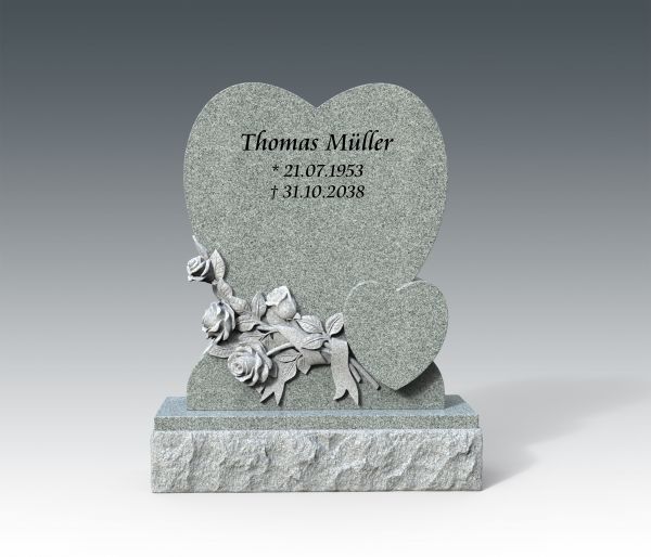 Urnengrabstein in Herzform mit Rosen, Viscount White Granit 80cm x 50cm x 14cm