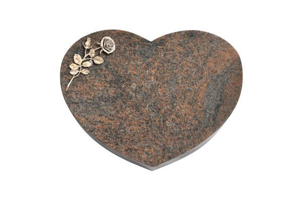 Liegestein Herz, Multicolor Granit, 50cm x 40cm x 10cm, inkl. Bronzerose