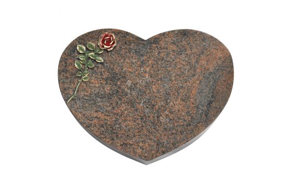Liegestein Herz, Multicolor Granit, 50cm x 40cm x 10cm, inkl. roter Rose