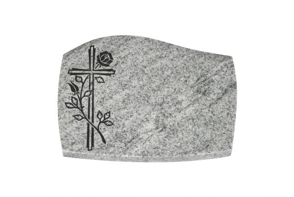 Liegeplatte, Viscount White Granit mit Fasen 40cm x 30cm x 3cm, inkl. Kreuz mit Rose