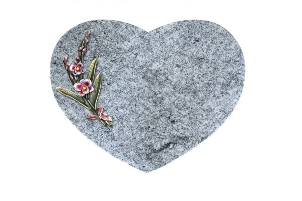 Liegestein Herz, Viscount White Granit, 50cm x 40cm x 10cm, inkl. Orchidee aus Bronze