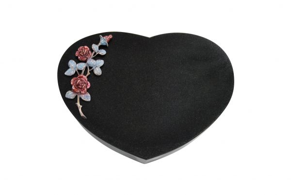 Liegestein Herzform, Black Granit, 40cm x 30cm x 8cm, inkl. farbiger Rose