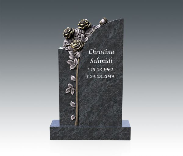 Urnengrabstein mit handgearbeiteter Rosen & Verzierung, Orion & Black Graut Granit 80cm x 50cm x 14