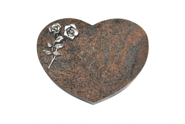 Liegestein Herzform, Multicolor Granit, 40cm x 30cm x 8cm, inkl. Alurose mit 2 Blüten