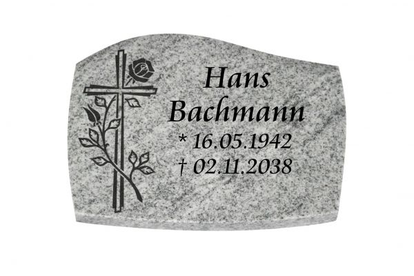 Liegeplatte, Viscount White Granit mit Fasen 40cm x 30cm x 3cm, inkl. Kreuz mit Rose