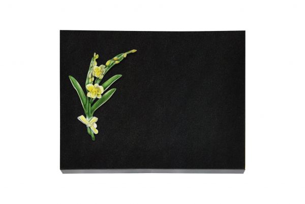 Liegeplatte, Black Granit rechteckig 40cm x 30cm x 3cm, inkl. Lilie grün / gelb