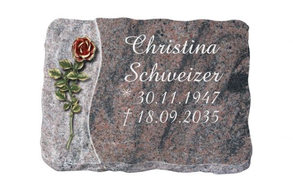 Liegeplatte, Indora Granit 40cm x 30cm x 4cm, inkl. roter Rose auf geflammten Untergrund