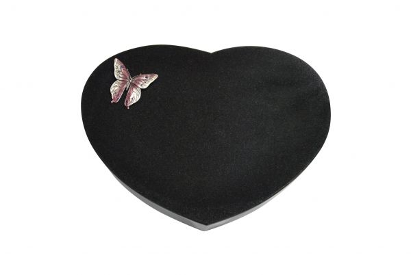 Liegestein Herzform, Black Granit, 40cm x 30cm x 8cm, inkl. Alu Schmetterling