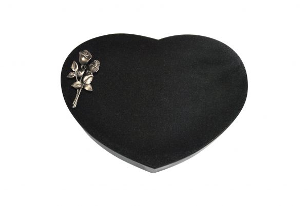 Liegestein Herzform, Black Granit, 40cm x 30cm x 8cm, inkl. kleiner Bronzerose