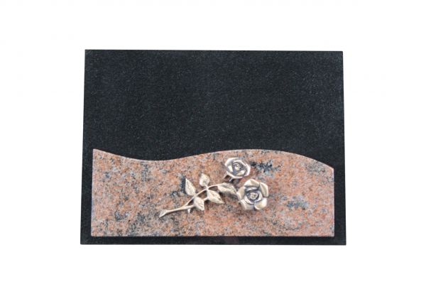Liegestein, Indien Black und Multicolor Granit 40cm x 30cm x 3cm, inkl. großer Bronzerose